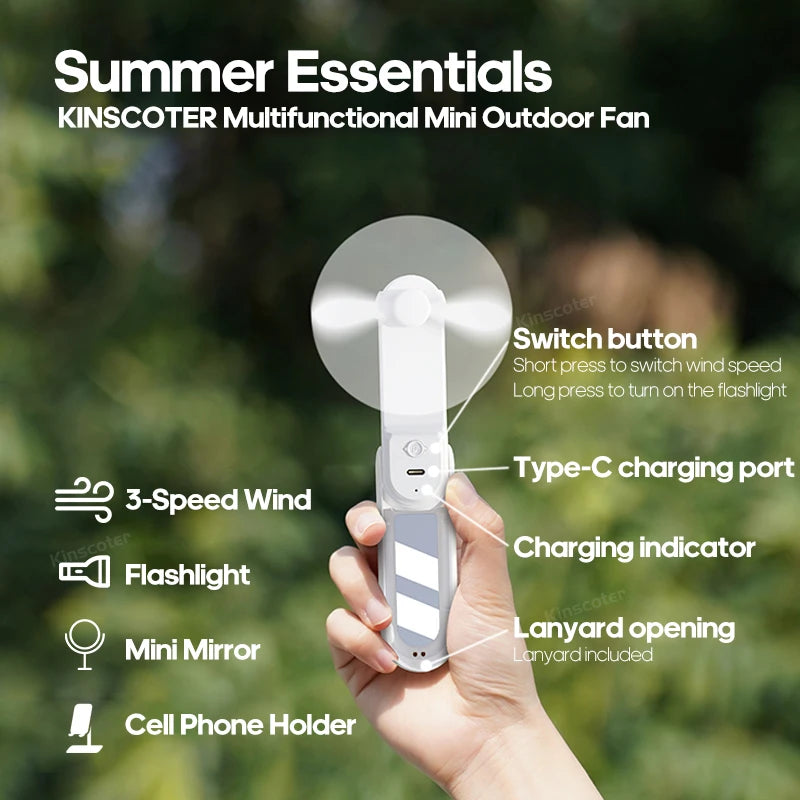 Portable Fan Mini Handheld Fan USB 1200mAh Recharge Hand Held Small Pocket Fan with Flashlight Feature