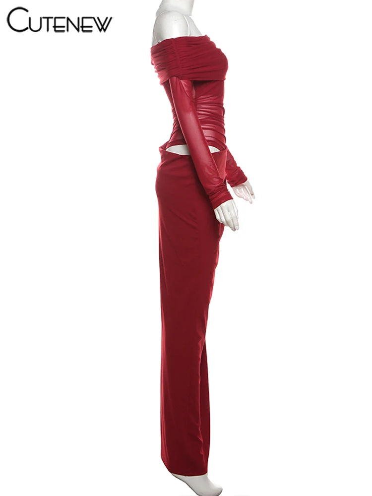 Cutenew Mesh Ruched Women Maxi Dress Sexy See Through Off Shoulder Long Sleeve Sheath Vestidos Female Midnight Party Solid Robe