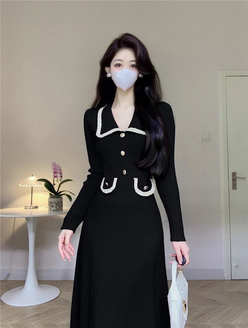 New Women French Knitted Dress Autumn Winter Slim A-line Lapel Casual Knitted Dresses Ladies Elegant Long Sleeve Midi Dress