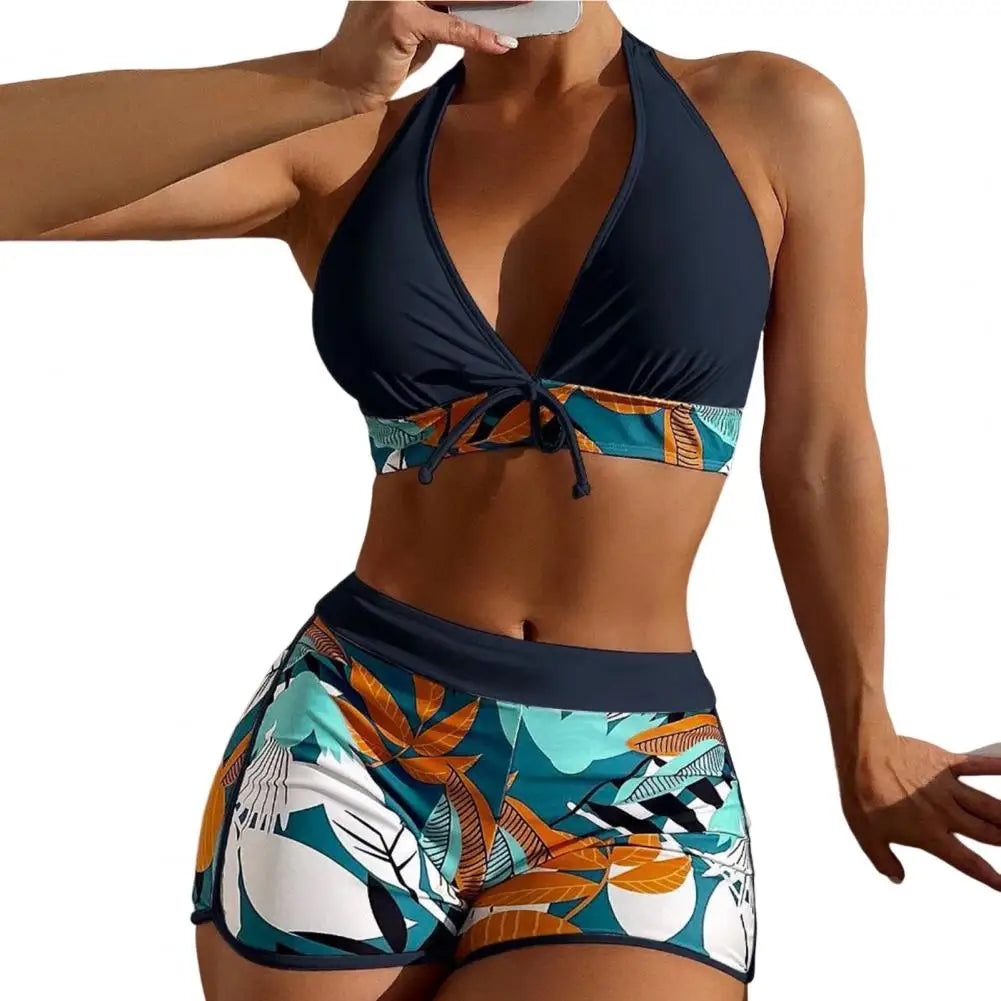 2Pcs/Set Bikinis Set Bowknot Decor Floral Print Bikini Backless Halter Bra High Waist Beachwear Female Beach Clothing