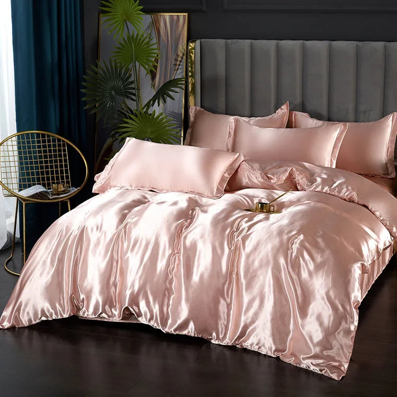 Silk Bedding Set with Duvet Cover Pink Bed Sheet Set with PillowCase 100% Pure Silk Bed Linen Set King Queen Full Twin Size