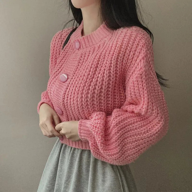 2024 Fall Winter Short Knitted Cardigan Women Thicken Warm Single-Breasted Sweater Female Solid O-Neck Long Sleeve Knitwear Coat