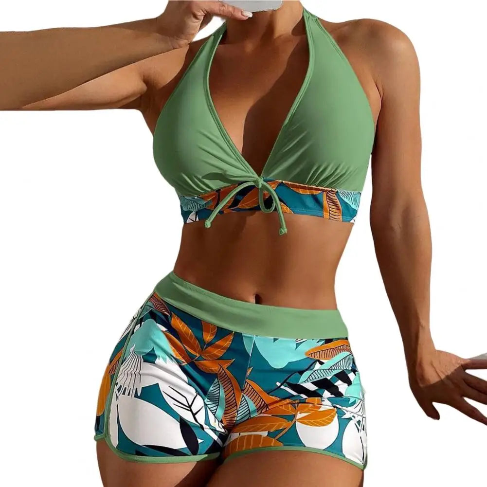 2Pcs/Set Bikinis Set Bowknot Decor Floral Print Bikini Backless Halter Bra High Waist Beachwear Female Beach Clothing