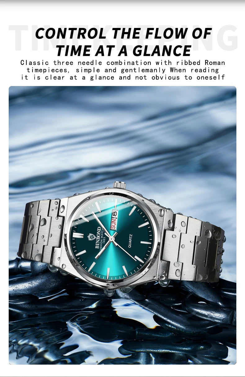 BINBOND Fashion New Men Business Watch Leisure Quartz Stainless Steel Buckle Watches Waterproof Luminous Calendar Men's Watches