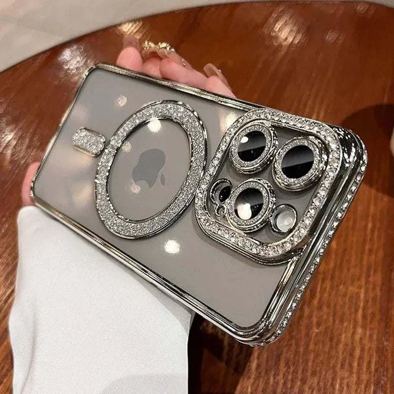 2024 New Fashion Glitter Diamond Transparent Case For iPhone 16 15 14 Plus 13 12 11 Pro Max Magnetic Wireless Charge Back Cover