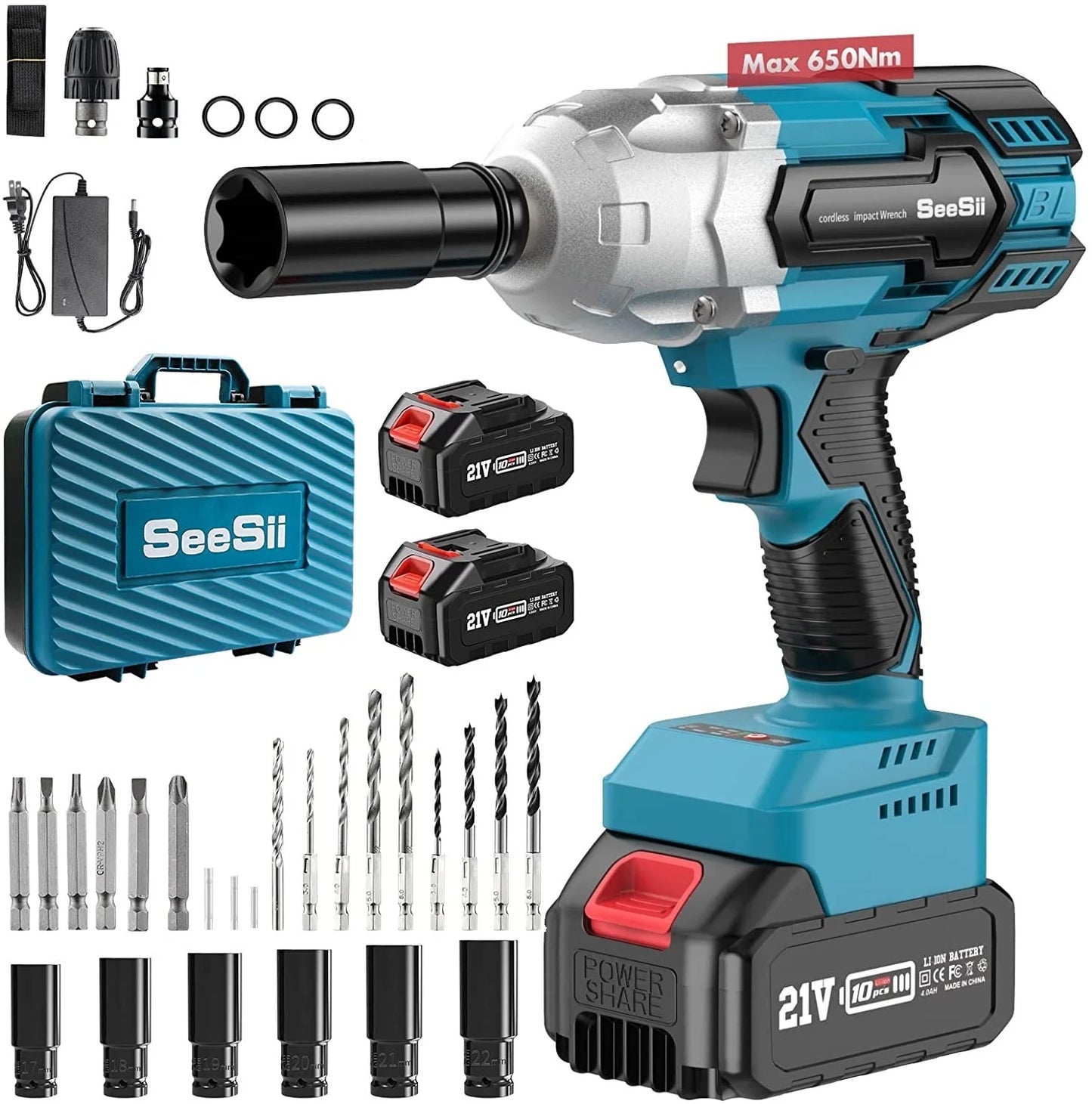 SEESII Cordless Impact Wrench 650N.m Torque Brushless Electric Wrench Power Tools with Sockets Screws Drill for Car Home WH700