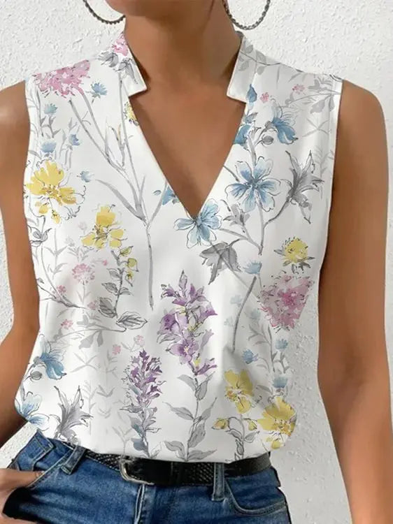 Fashion V-neck Sleeveless Print Women Tops And Blouses 2023 Summer Casual White Tank Top Femme Shirt Blousea
