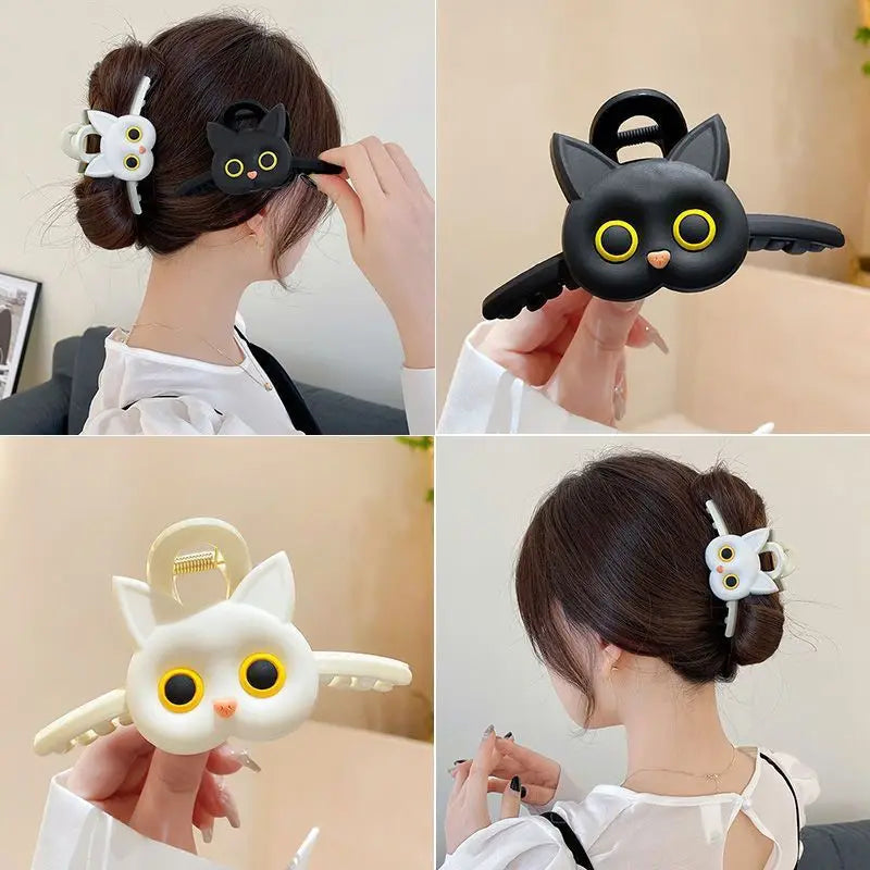 AISHG Cute Black White Cat Hair Clips Women Hollow Geometric Grab Claw Clips Cartoon Animal Hairpin Girls Hair Accessories