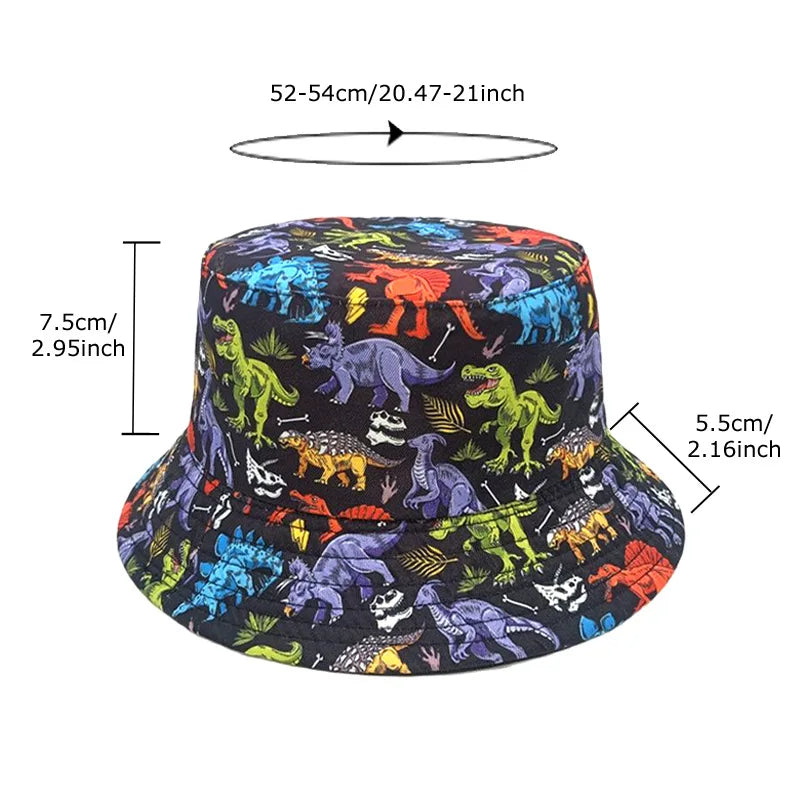 Bocca Cartoon Dinosaur Bucket Hat Children Boys Kids Fisherman Hats Pattern Double Sides Panama Cap Summer Outdoor Sunscreen Cap