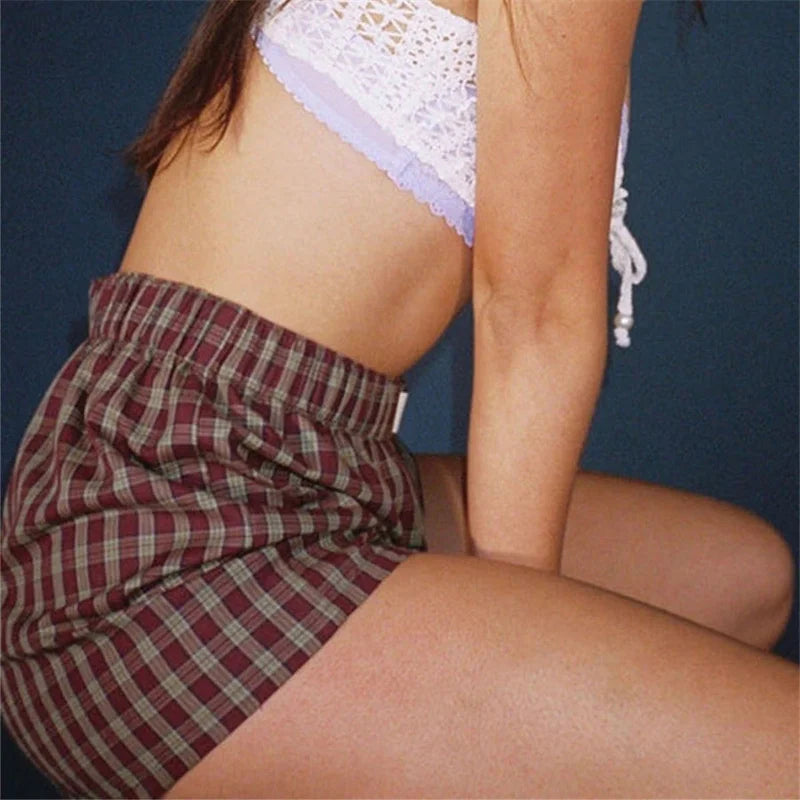 Women's Y2k Pajamas Shorts Cute Plaid Pj Short Pants Flannel Lounge Sleep Shorts Bottoms Elastic Waist Baggy Boxers Tracksuit