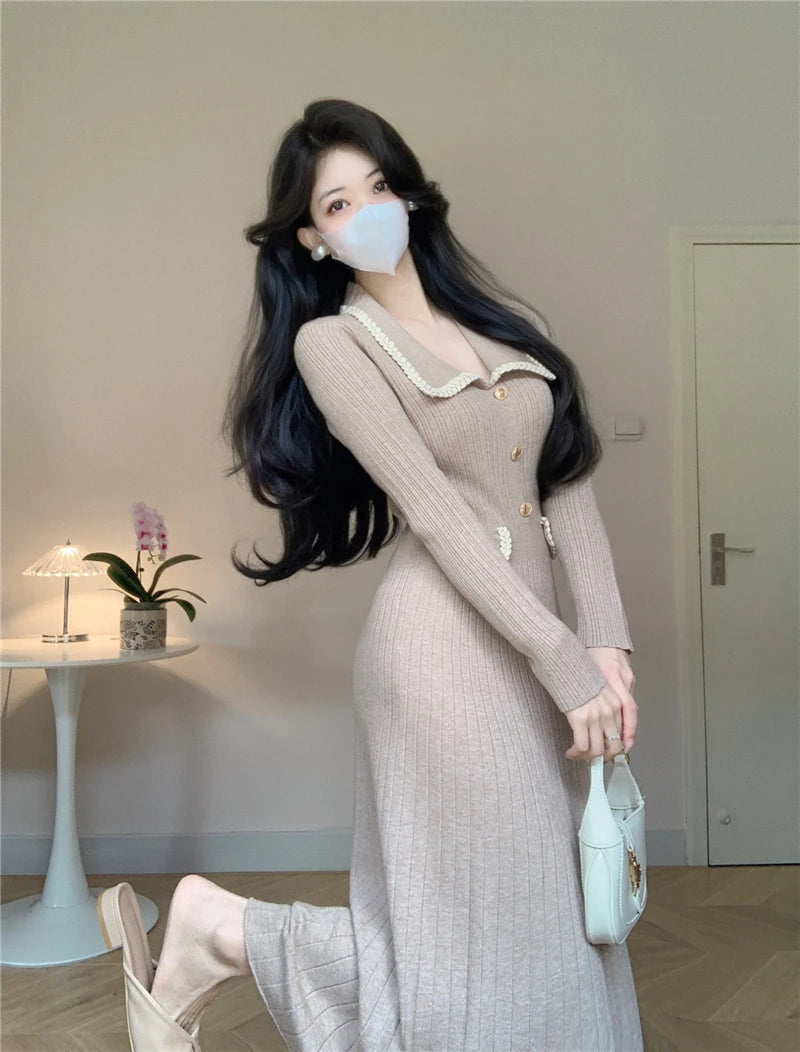 New Women French Knitted Dress Autumn Winter Slim A-line Lapel Casual Knitted Dresses Ladies Elegant Long Sleeve Midi Dress