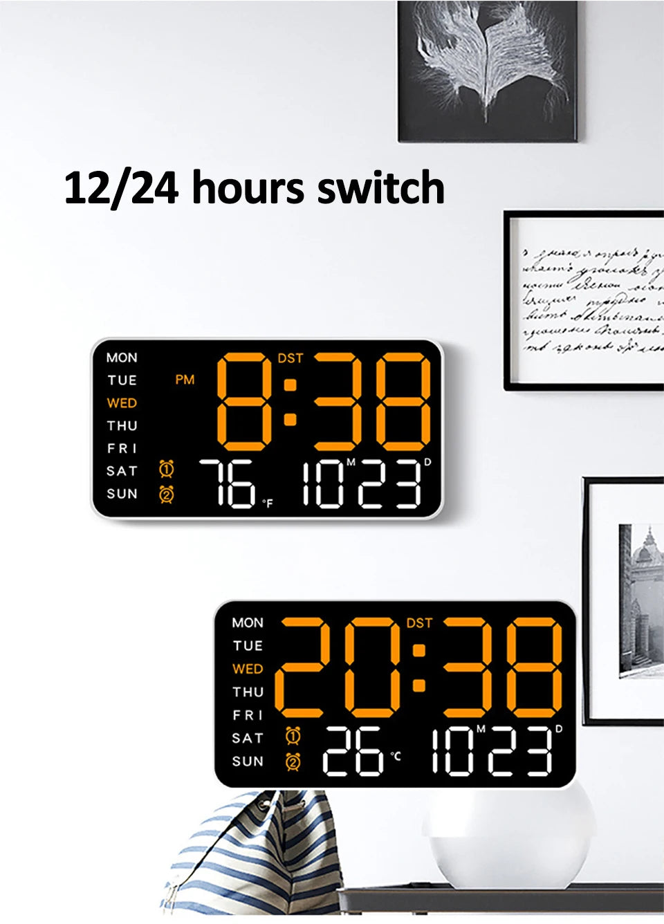 Voice Control Alarm Clock USB Powered LED Digital Clocks Temp Date Week Display 12/24H DST Brightness Adjustment 2-Alarms Clocks