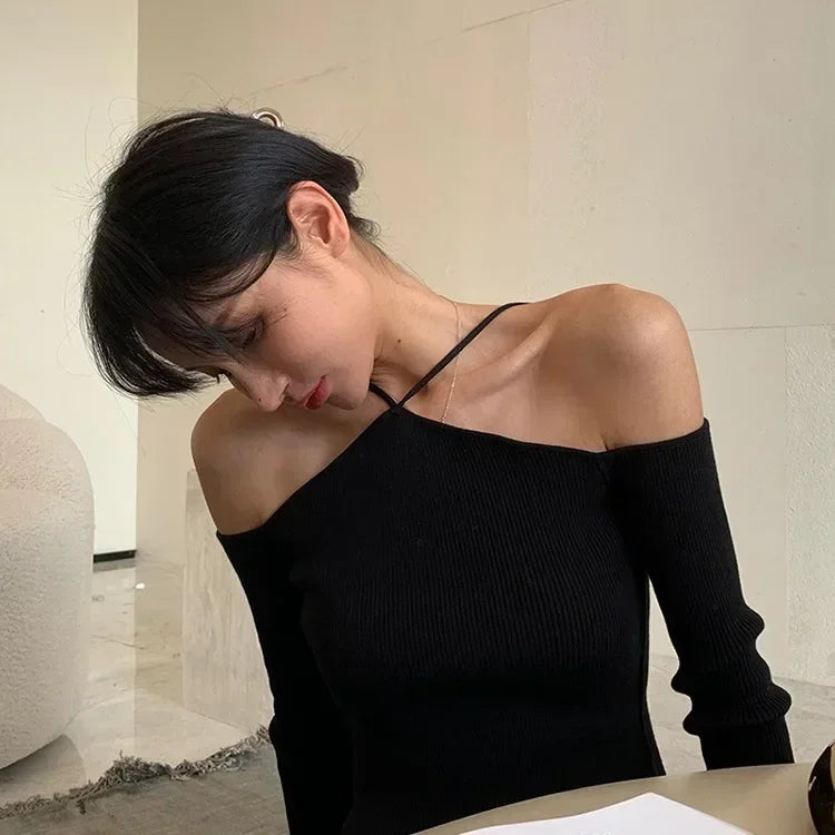 Women Crop Sweater Sexy Off Shoulder Slim Knitted Sweaters Long Sleeve Halter Knit Top Y2k Fashion Pullover Korean Streetwear