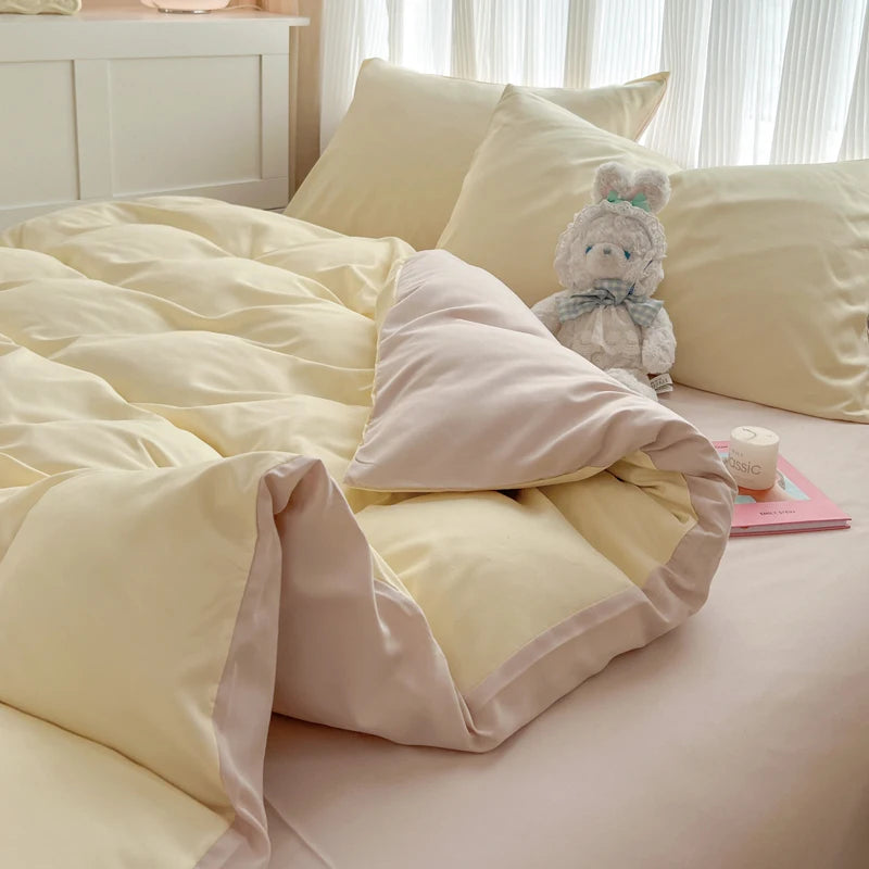 2-side Solid Color Brush Fabric Bed Set 4 Pieces Duvet Cover Pillowcase Bedding Set Bed Sheet Quilt Cover Single Queen King Size
