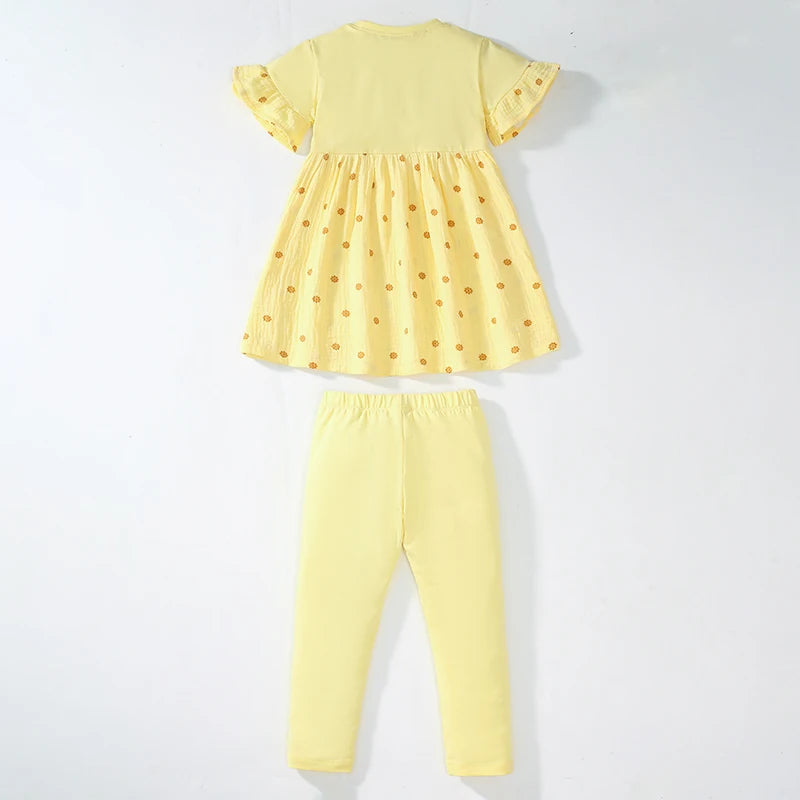 Little maven 2024 New Tracksuit Summer Yellow Cotton Baby Girls Children's Clothing Sets Cartoon Flowers Tops+Pants Kids Clothes