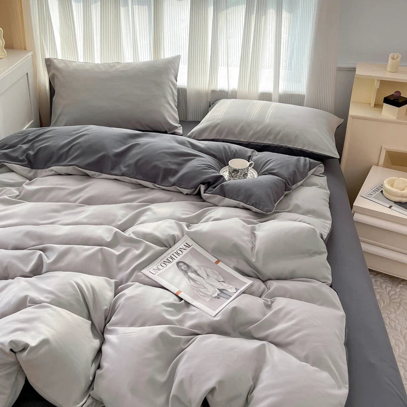 2-side Solid Color Brush Fabric Bed Set 4 Pieces Duvet Cover Pillowcase Bedding Set Bed Sheet Quilt Cover Single Queen King Size