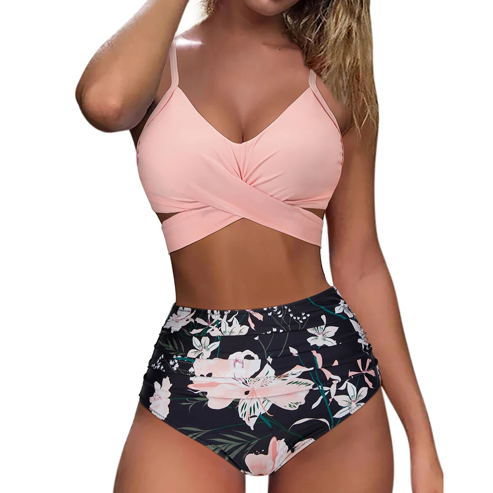 High Waist Sexy Bikini Set 2024 Biquini Swimwear Women Two Pieces Swimsuit Floral Beachwear V-Neck Bathing Suits Female