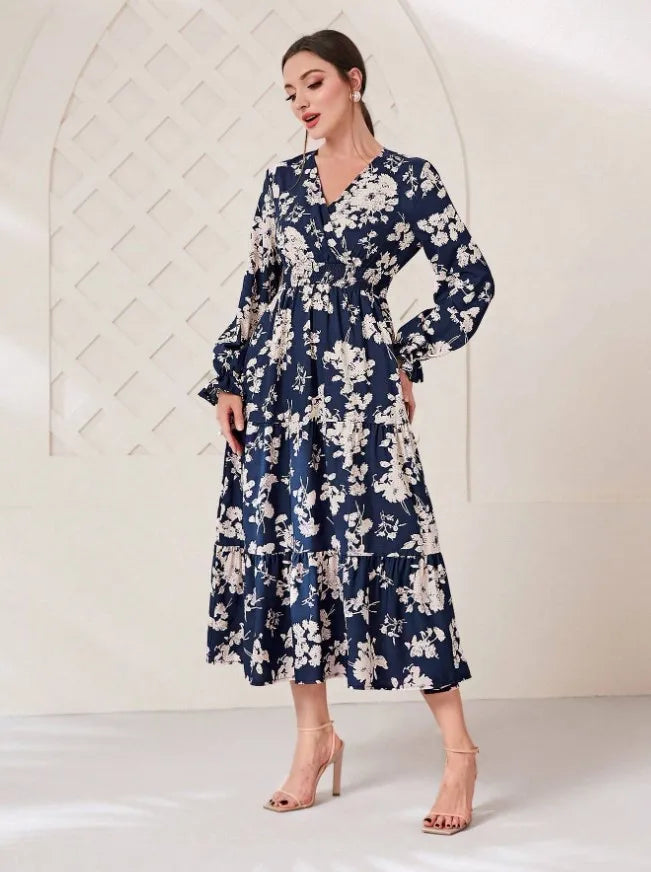 Autumn Women's New Sexy V-neck Fashionable Printed Cake Long Sleeves Medium To Long Length Casual Comfortable Dress For Women