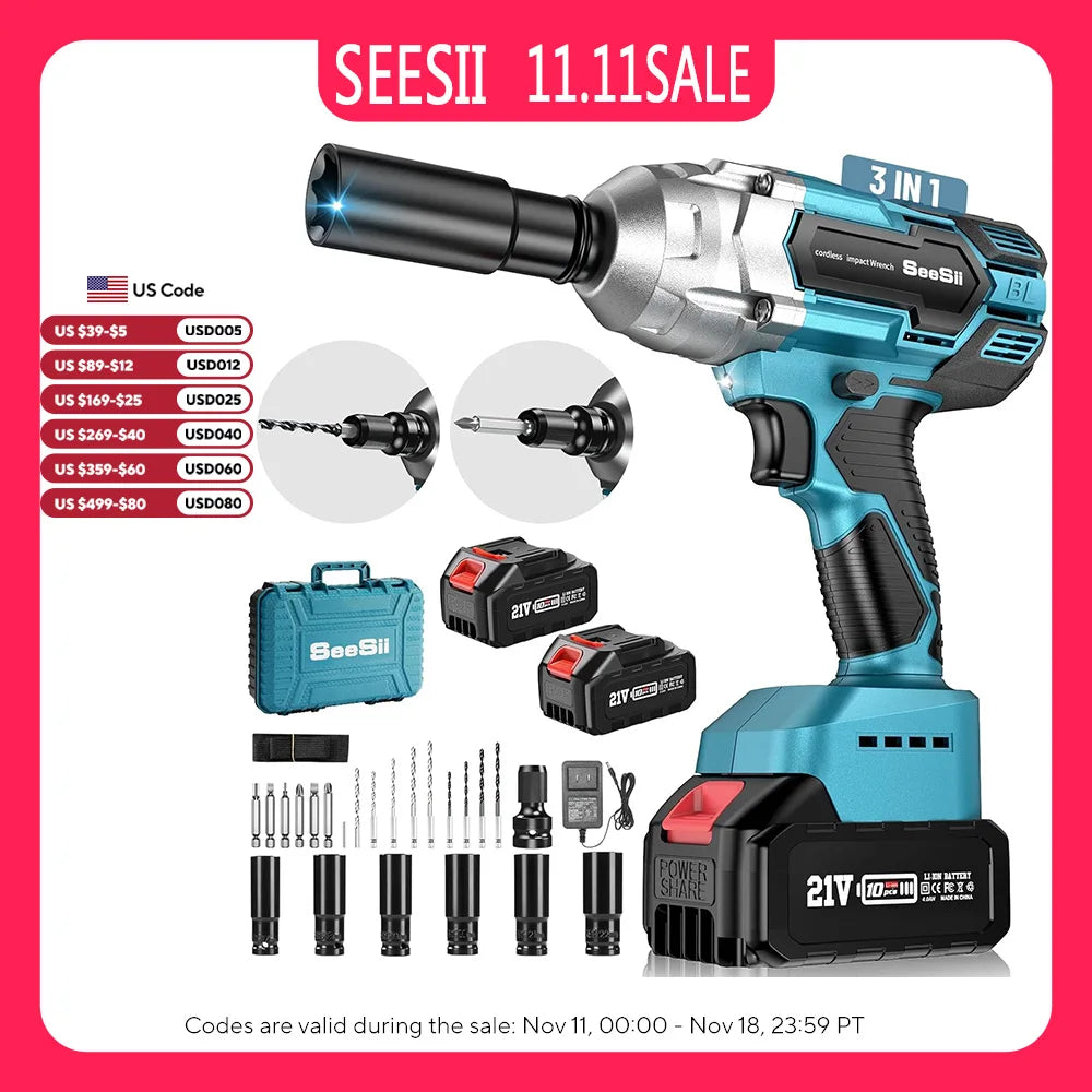SEESII Cordless Impact Wrench 650N.m Torque Brushless Electric Wrench Power Tools with Sockets Screws Drill for Car Home WH700