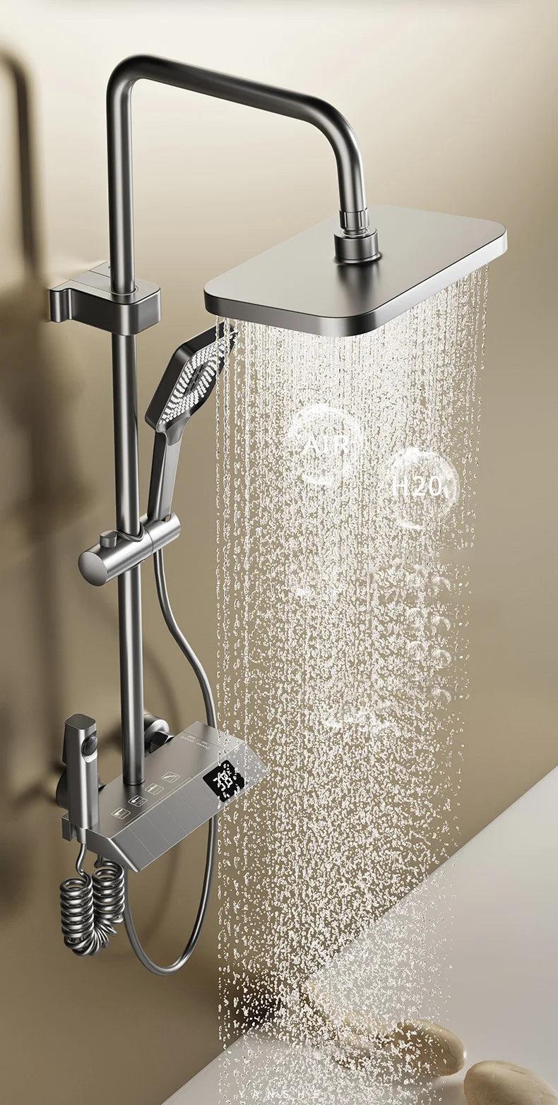 Piano Keys Shower System Set Bathroom Shower Set Gray Black Bathtub Hot and Cold Shower Faucet LED Digital Copper Tap Shower Set