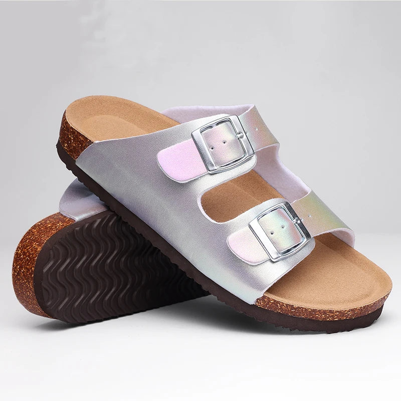 Kidmi Women Cork Suede Mules Slippers Outdoor Antiskid Beach Slippers Classic Cork Footbed Women Sandals With Adjustable Buckle