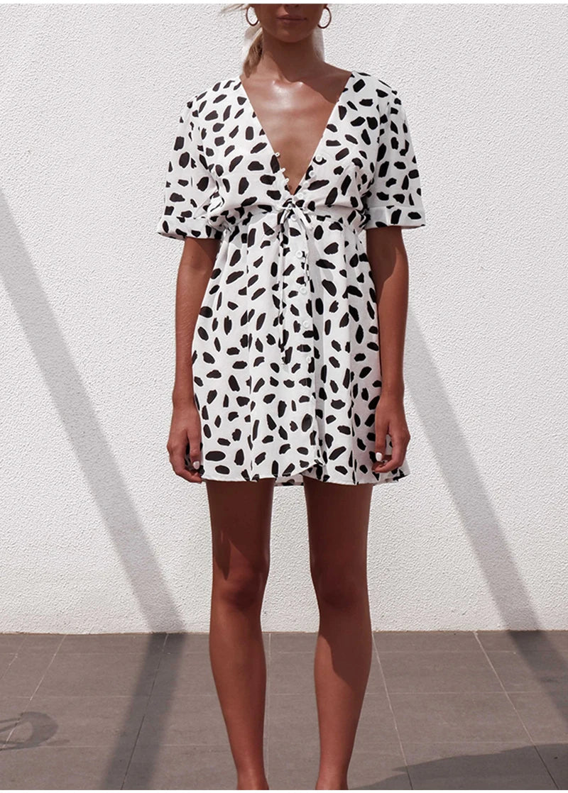 White Sand Spot Mini Summer Women V Neck Casual Beach Sundress Sexy Botton Wrap Bodycon Dress Female