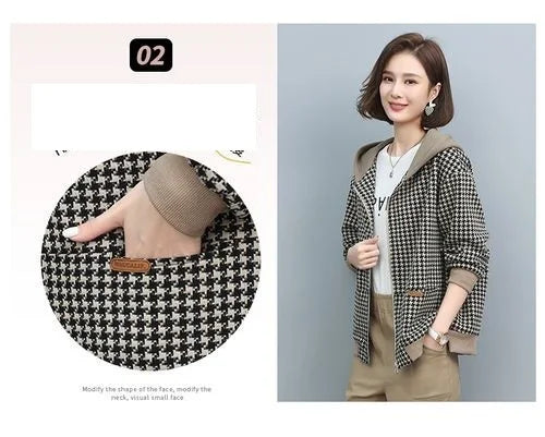 2024 Autumn Winter New Middle-aged and elderly Mothers Short Jacket Women's Patchwork Hooded Plaid Coat Casual Tops