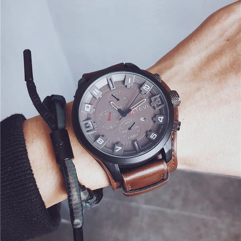 YIKAZE Luxury Business Men Quartz Watch Classic Retro Men's Watches Big Dial Leather Strap Date Military Wristwatch for Man