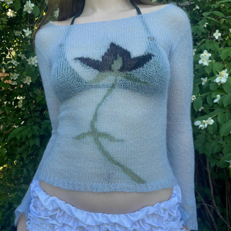 Flower Long Sleeve Knitted Crop Tops Aesthetic See Through Sweater Tees 90s Vintage Y2k Gyaru Crop Tops Jumpers Cottage Clothes