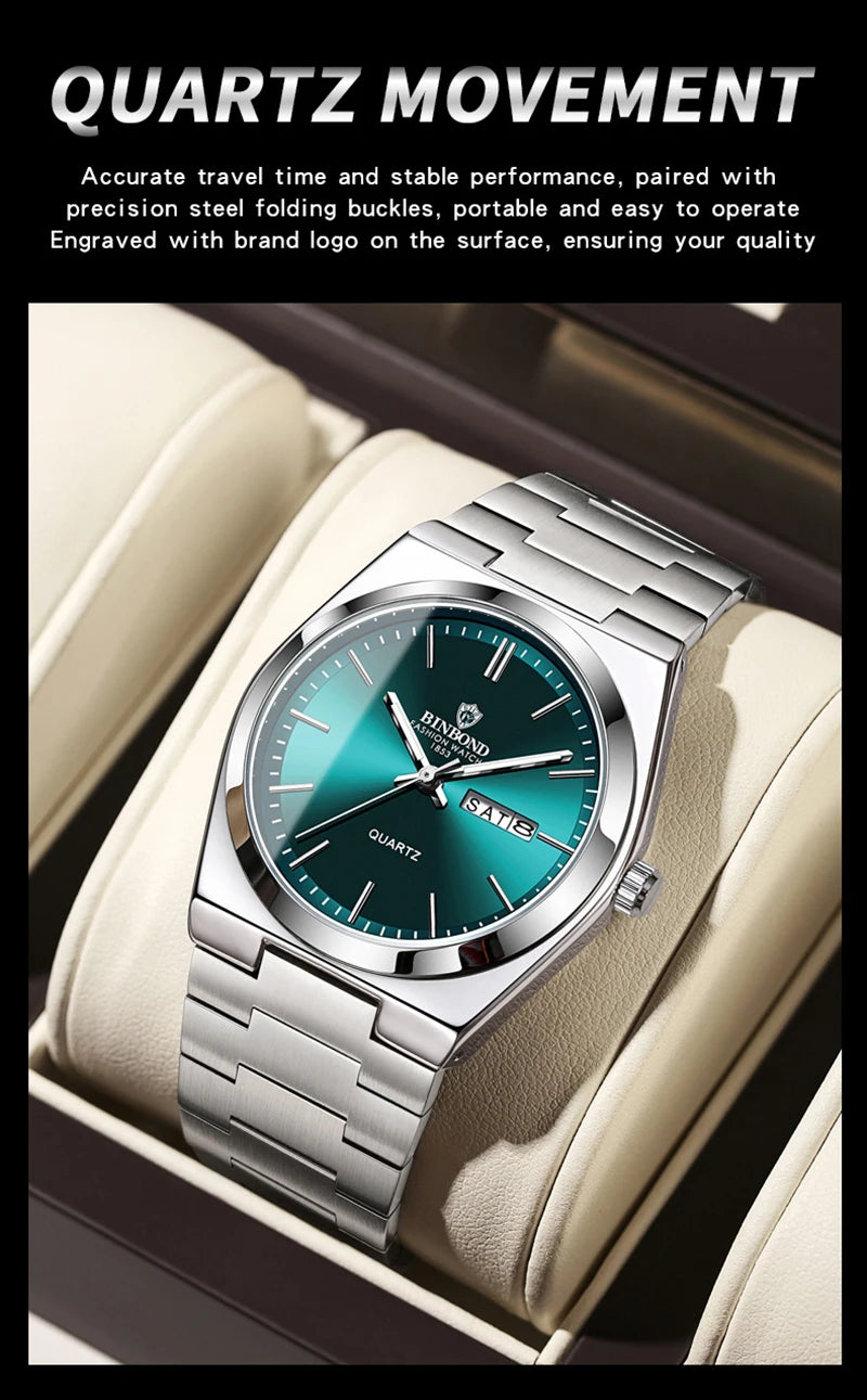 Men Watch Light Luxury Brand Stainless Steel Double Calendar Waterproof Male Business Leisure Fashion Quartz Clock Watches W004