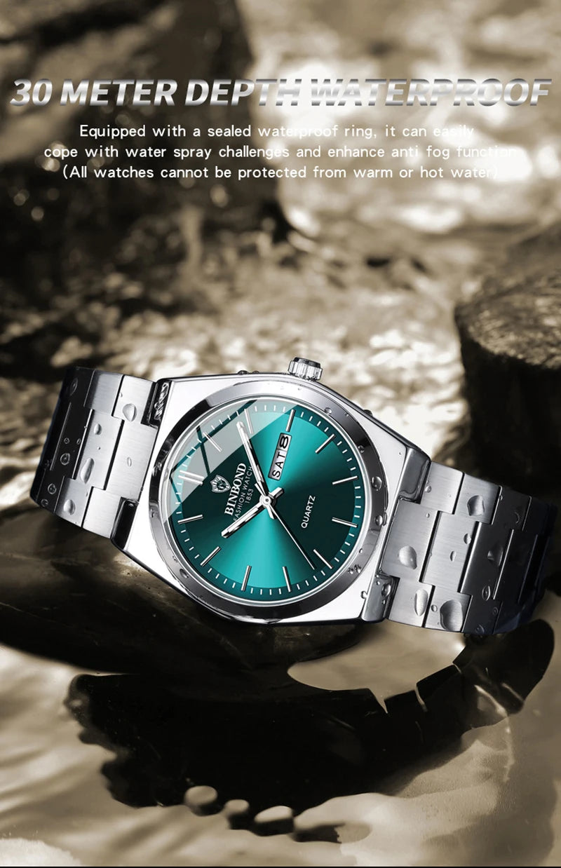 Men Watch Light Luxury Brand Stainless Steel Double Calendar Waterproof Male Business Leisure Fashion Quartz Clock Watches W004