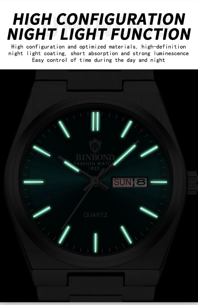 BINBOND Fashion New Men Business Watch Leisure Quartz Stainless Steel Buckle Watches Waterproof Luminous Calendar Men's Watches