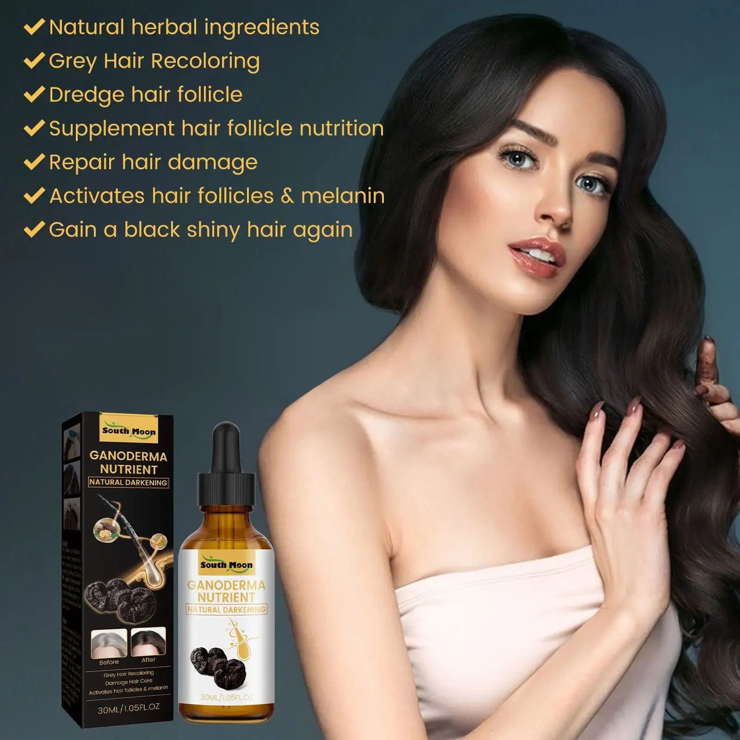 Ganoderma Hair Essential Oil Nutrient Darkening Improving Greying Reducing Damaged Prevent Loss Repairs Roots Hair Growth Serum