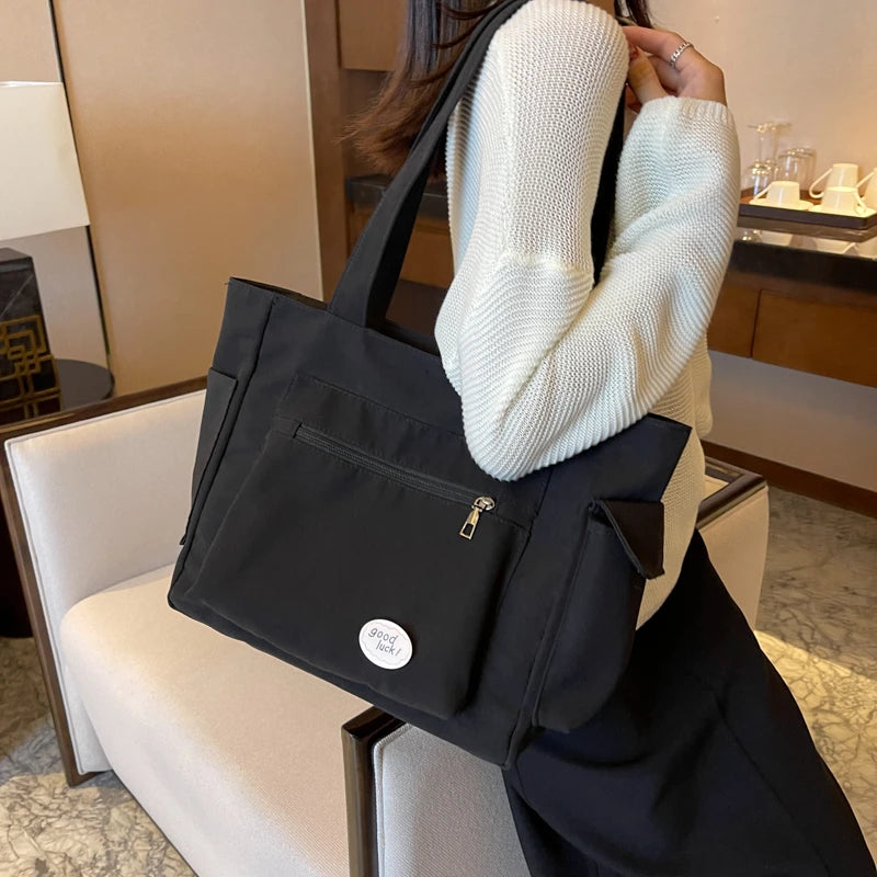 Lightweight Canvas Shoulder Bags For Women Ladies Handbags Multi Pockets Pure Color Travelling Shopper Totes