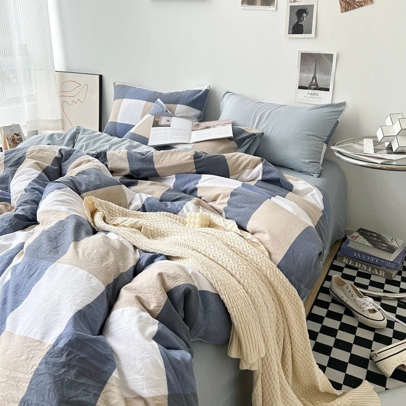 Bed Linen Washed Cotton Striped Grid Minimalist Bedding Sheet Set Comforter Sets Queen Duvet Cover Double For Boys And Girls