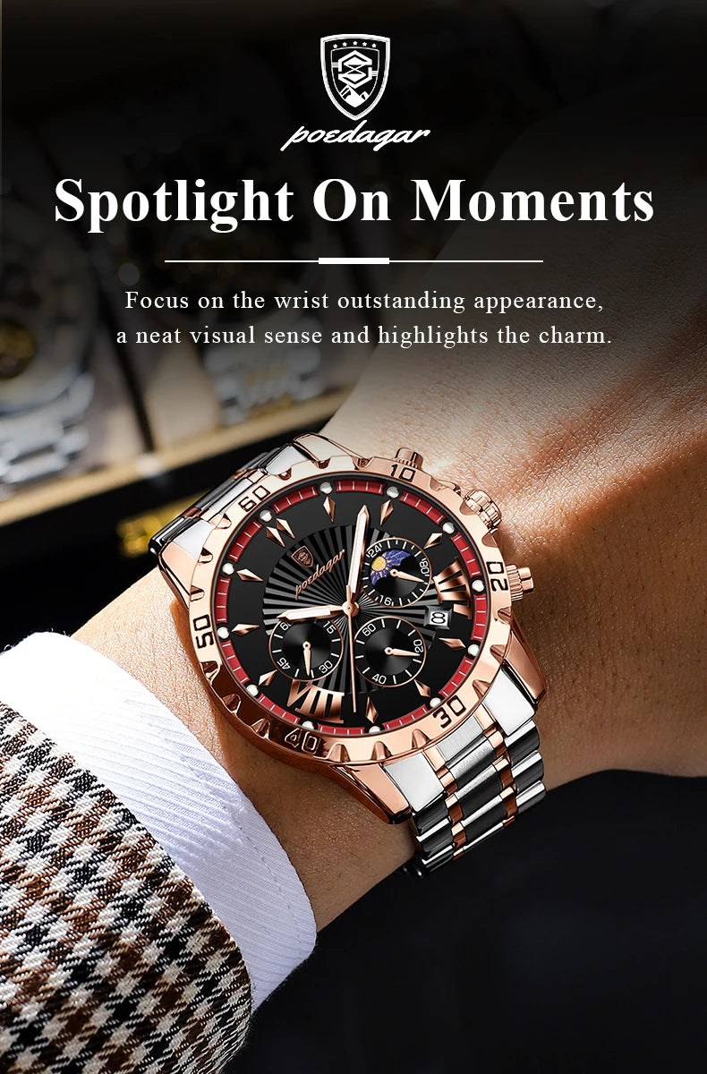 POEDAGAR Luxury High Quality Watch for Man Waterproof Luminous Chronograph Date Men Watch Stainless Steel Quartz Men's Watches