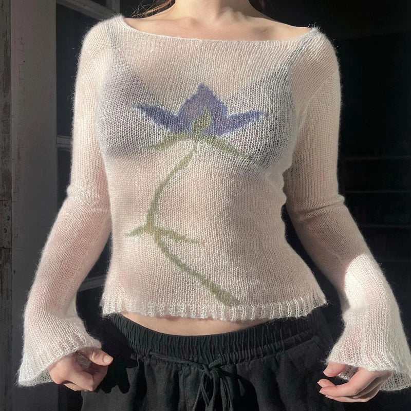 Flower Long Sleeve Knitted Crop Tops Aesthetic See Through Sweater Tees 90s Vintage Y2k Gyaru Crop Tops Jumpers Cottage Clothes