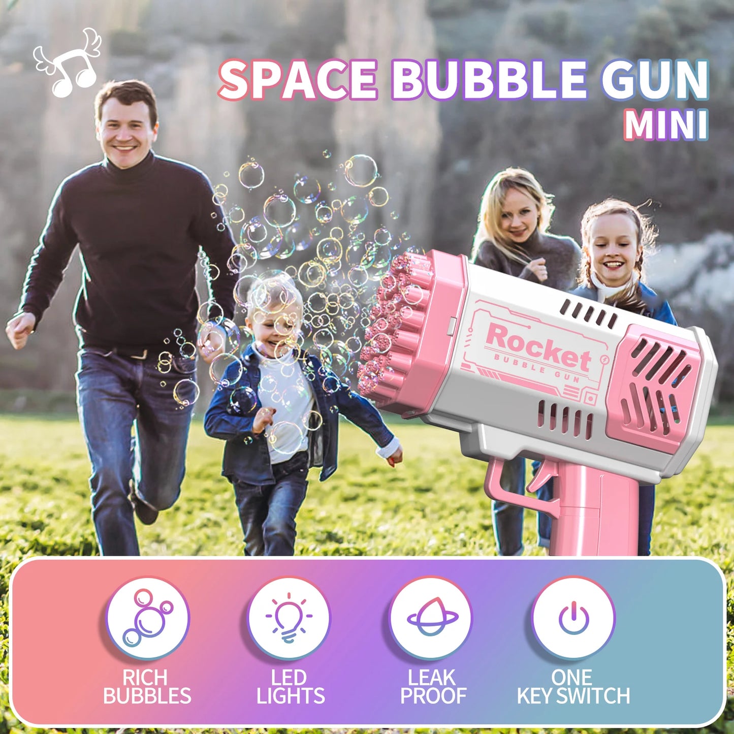 One Pack Of Children's 40 Holes Rocket Launcher Handheld Portable Electric Automatic Bubble Gun LED Light For Boys And Girls