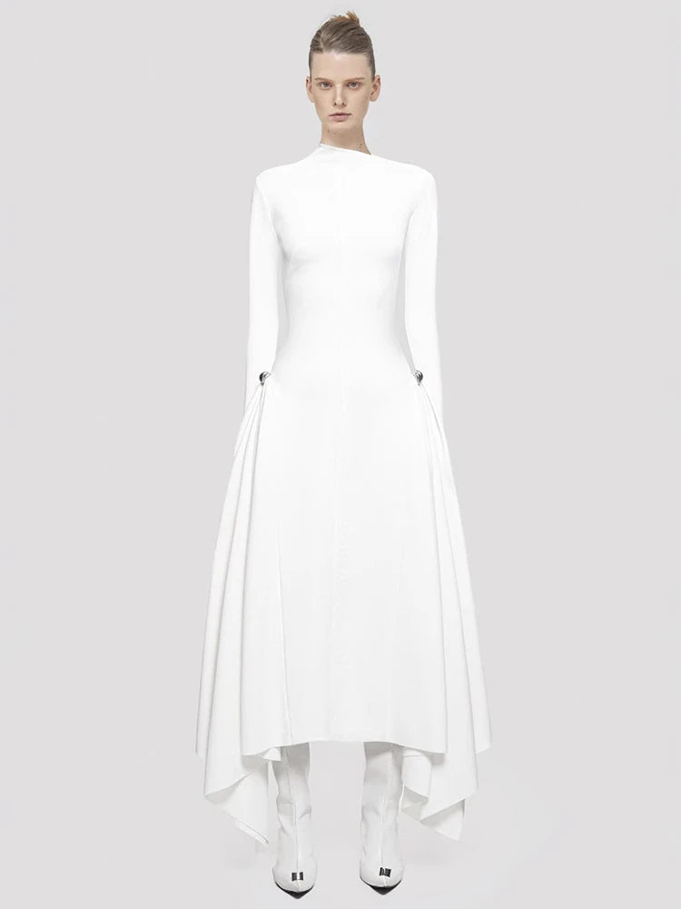 DEAT Elegant Dress Skew Collar Long Sleeves Waist Retraction Solid Color Asymmetric Hem Women's Dresses 2024 Autumn New 13DL7990