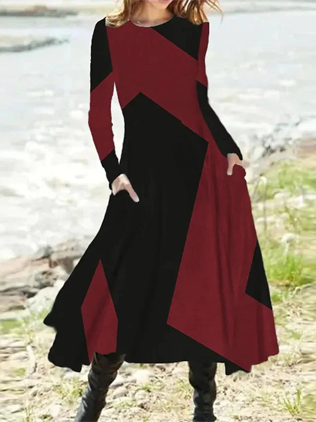 New 2024 Women's Casual Elegant Party Dress Contrast Color Ladies Spring Autumn Loose Long Sleeve Dress with Pockets Midi Dress
