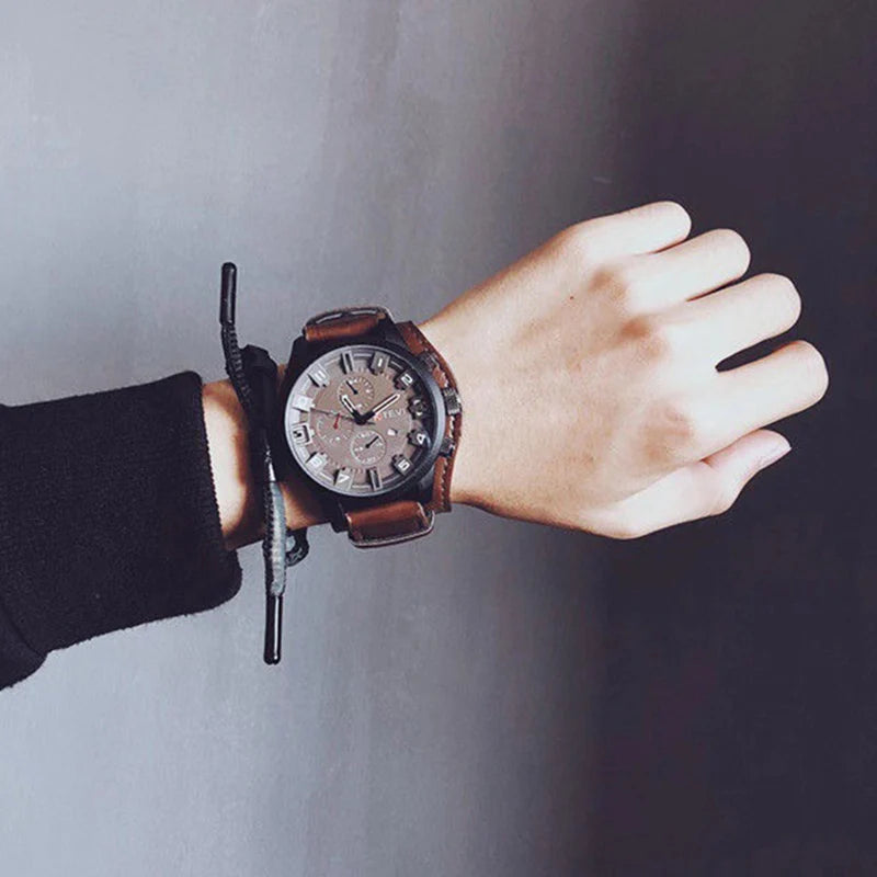 YIKAZE Luxury Business Men Quartz Watch Classic Retro Men's Watches Big Dial Leather Strap Date Military Wristwatch for Man
