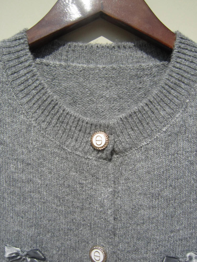 MSCSZ 2024 Autumn Grey Knitted Cardigan Sweater With Bows O-Neck Single Breasted Elegant Women Jackets Knit Cropped Coat