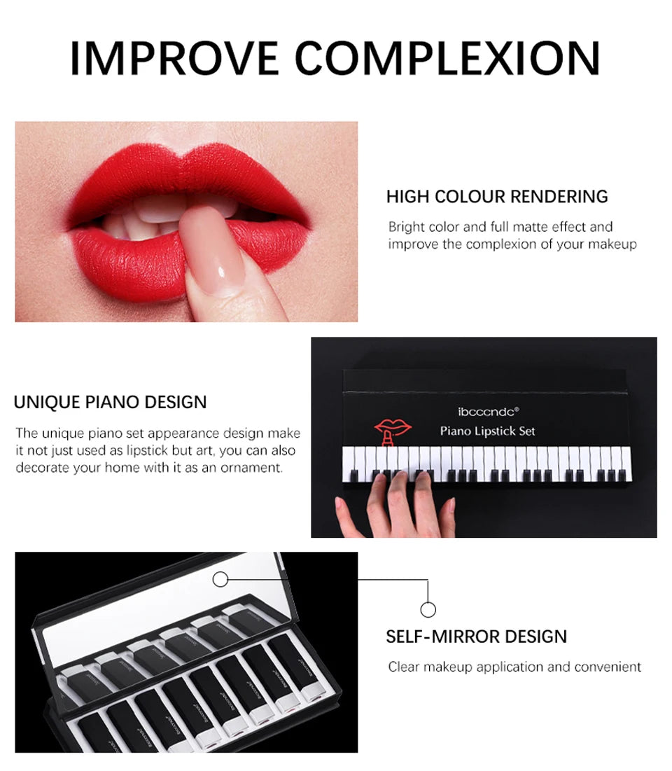 8Pcs/Set Velvet Matte Lipstick Set Long Lasting Waterproof Creative Piano Box Design Nude Red Batom Makeup Cosmetic Gifts