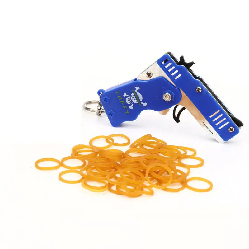 1PC MINI Toy Gun Keychain 50 Rubber Bands Folding Rubber Band Gun Shooting Pistol Alloy Key Charm Pendant Kid Outdoor Party Gift