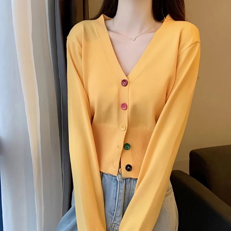 Women Single-breasted V-Neck Cardigan Sweater Long Sleeve Solid Knit Sweater Causal Office Tops For Women 2023 Autumn Winter