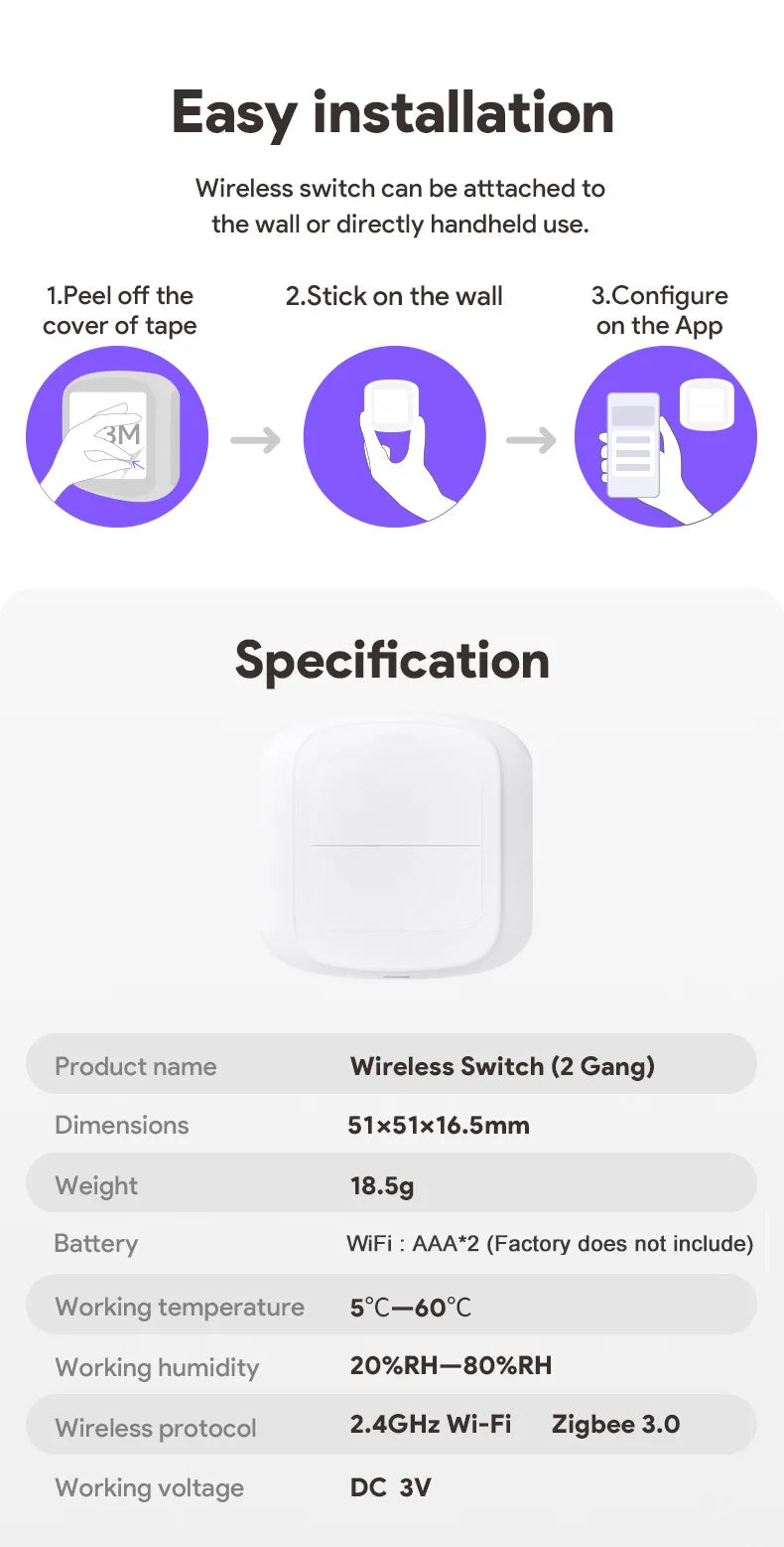 Tuya WiFi ZigBee Smart Scene Wireless Switch Push Button Controller Automation Scenario 2 Gang Smart Home Gadgets Smart Control