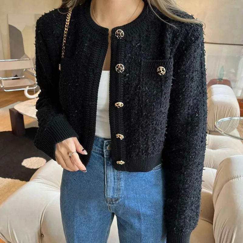 Korean Style Pink Round Neck Cropped Cardigans for Women Chic Button Long Sleeve Knitted Coats Woman Pocket Bling Short Cardigan