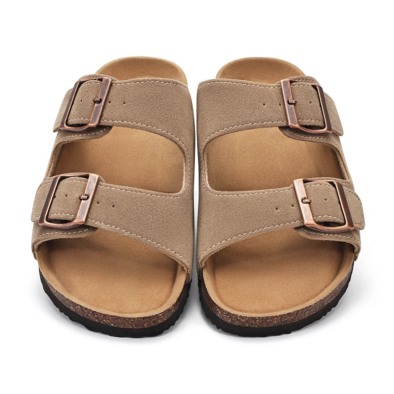 Kidmi Women Cork Suede Mules Slippers Outdoor Antiskid Beach Slippers Classic Cork Footbed Women Sandals With Adjustable Buckle