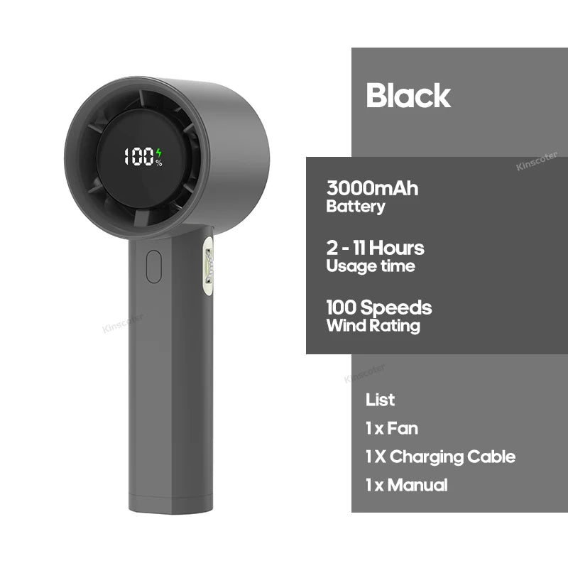Mini High Speed Turbo Handheld Fan 100 Wind Speeds Adjustable with Digital Display 3000mAh Battery Operated Electric Eyelash Fan