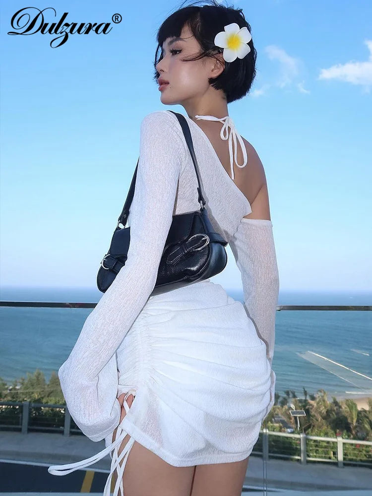 Dulzura Solid Skew Collar Ruched Straps Lace-Up See Through Draw String Mini Dress 2023 Summer Women Party Clubwear Wholesale